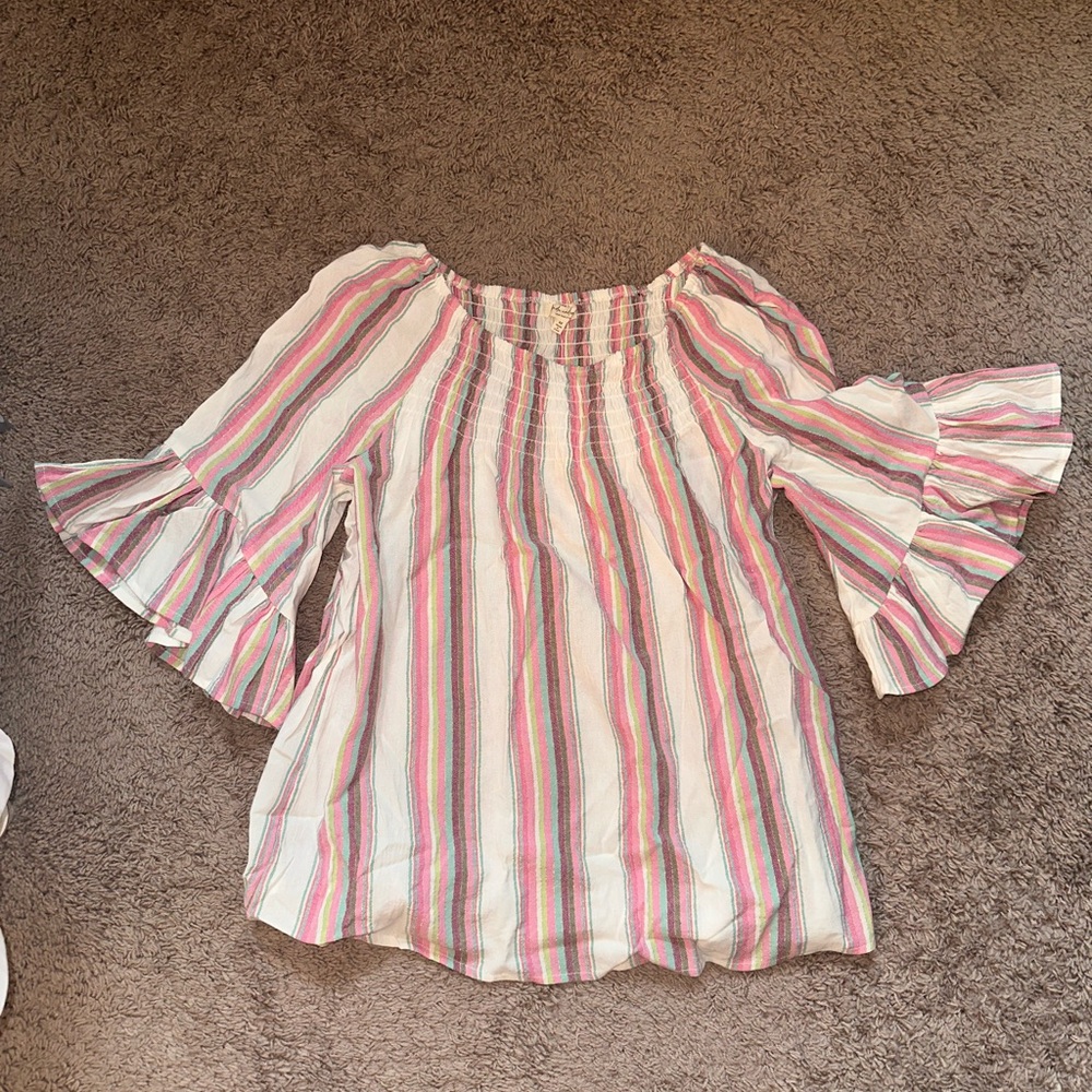 Colorful Striped Ruffle Sleeve Blouse
